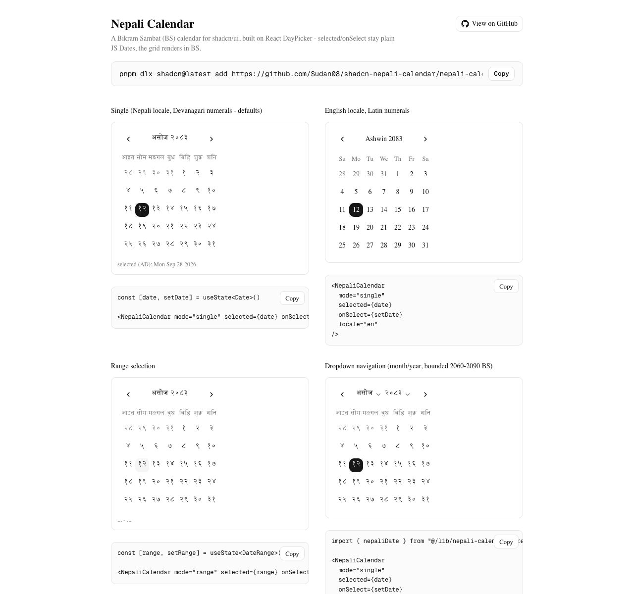 Calendar Modes and Components Demo