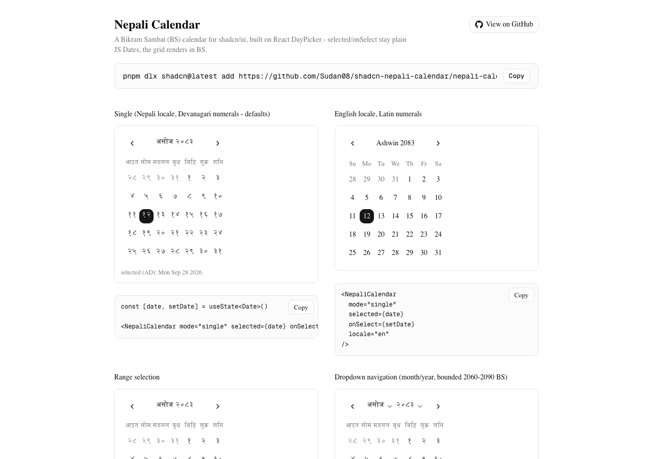 shadcn Nepali Calendar Interactive Showcase